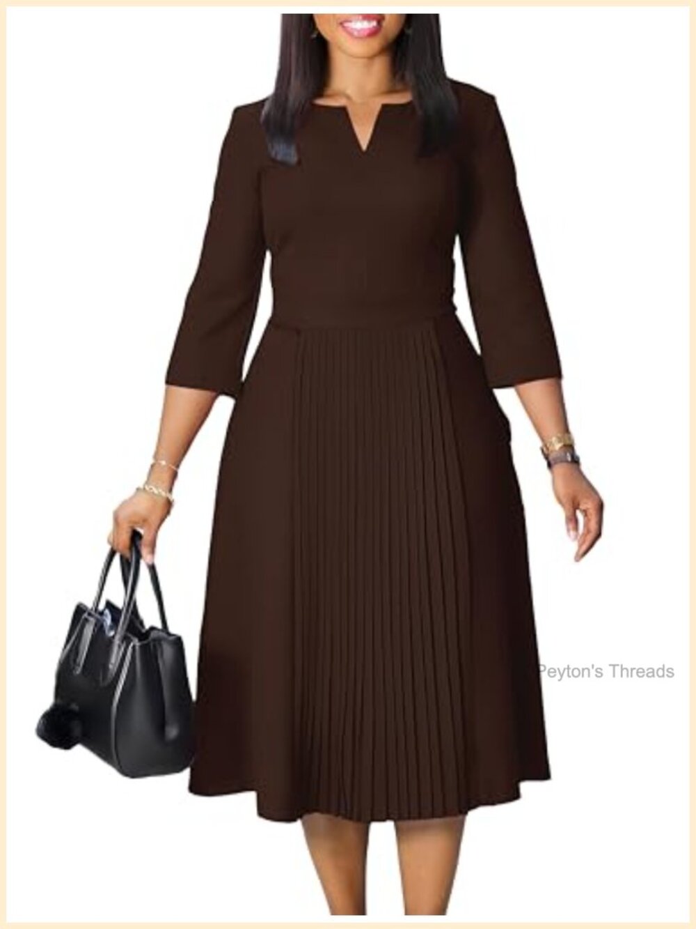 Elegant V-Neck 3/4 Sleeve Midi Dress with High Waist for Work